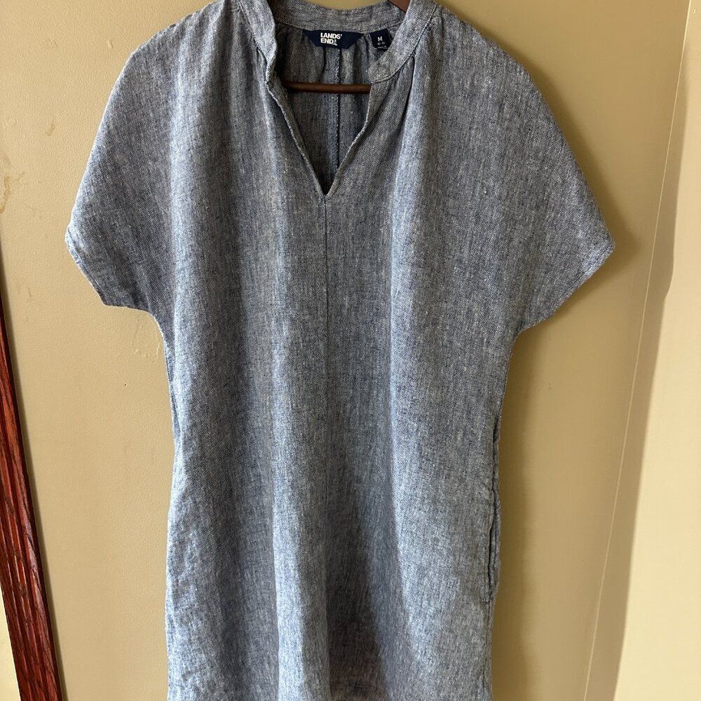 Lands End 100% Linen Midi Dress Chambray Blue Womens Medium 10-12 - Picture 2 of 6